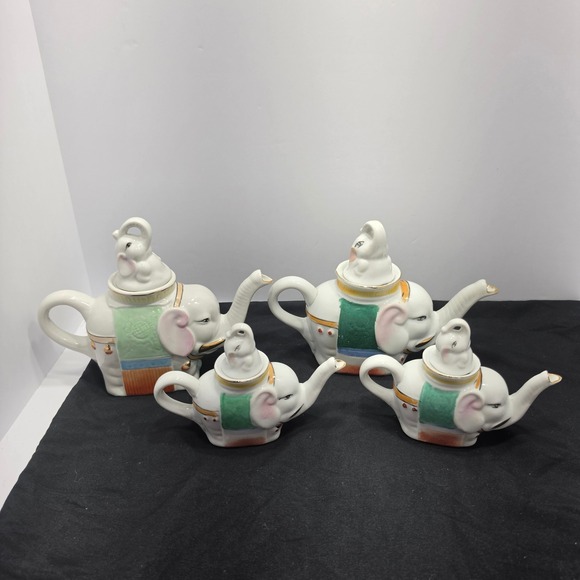 Other - Vintage Ceramic Elephant Teapot Set of 4 Hand Painted White Gold Trim Figural
